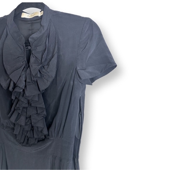 [ SO FRENCH ] Black 100% silk ruffle breast tailored shirt dress: MED : like new - Picture 5 of 7